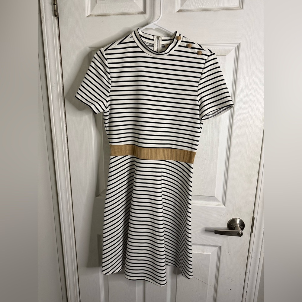 Pink Owl Striped Dress with Tan Suede Accent